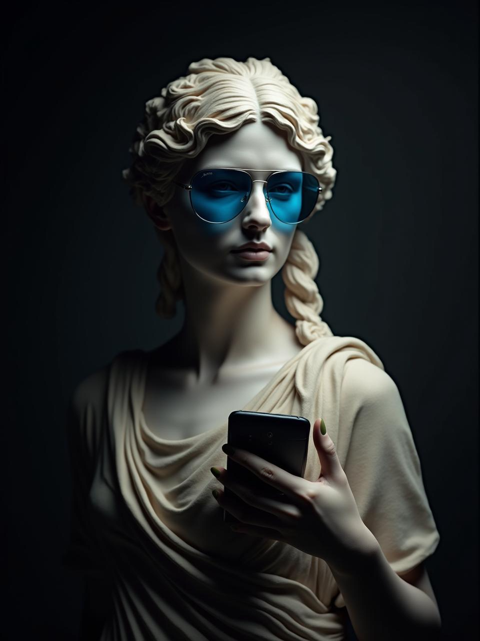 Estatua de una mujer clásica con gafas de sol azules y sosteniendo un teléfono móvil.