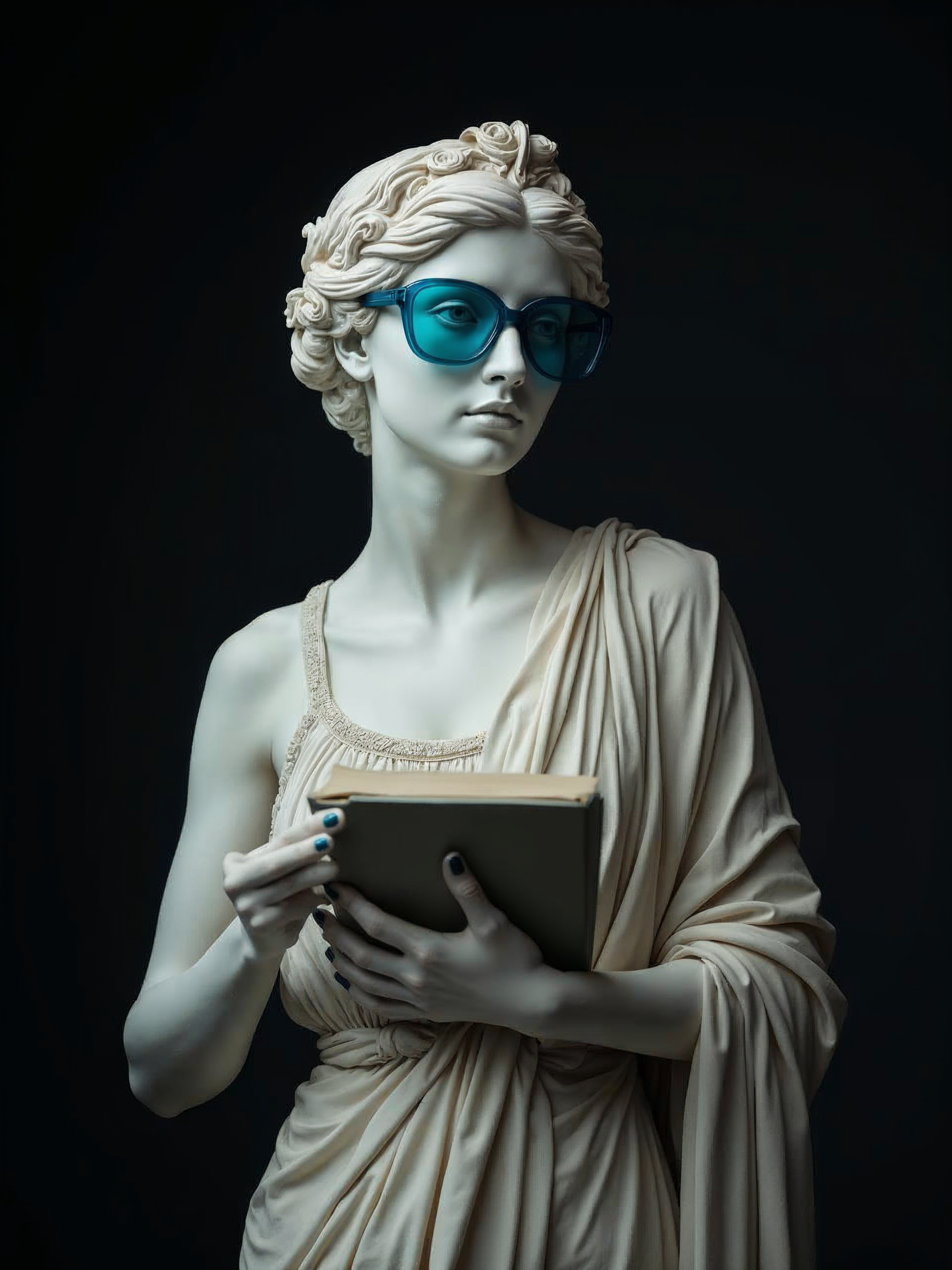 Escultura de una mujer con gafas de sol azules y sosteniendo un libro dorado, iluminación dramática en fondo negro.