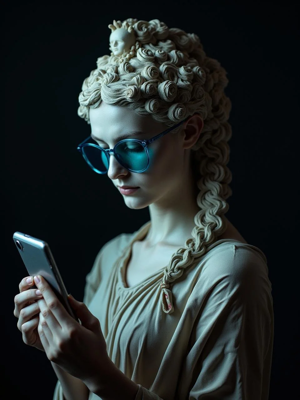 Mujer con lentes de sol azules, cabello en estilo rizo y peinado con figura de un busto y cabello en la cabeza, sosteniendo un teléfono móvil.