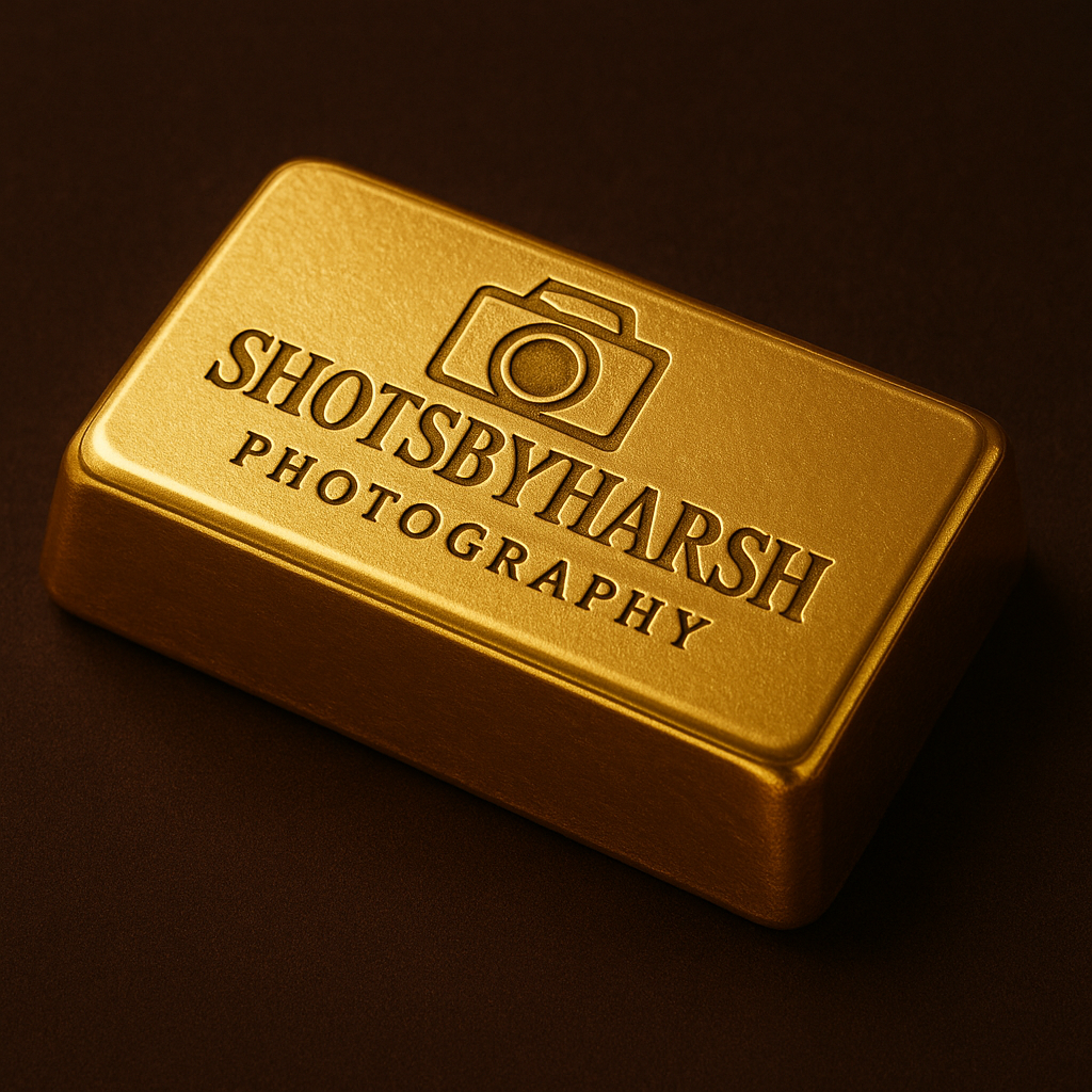 A gold-colored bar with the text 'SHOTS BY HARSH PHOTOGRAPHY' and a camera icon engraved on it.