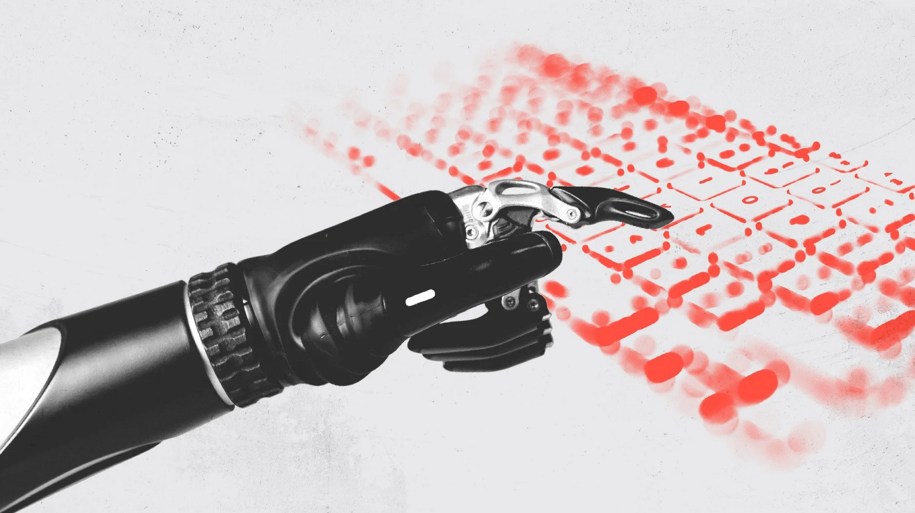 A robotic hand drawing a red quantum circuit diagram on a white surface.