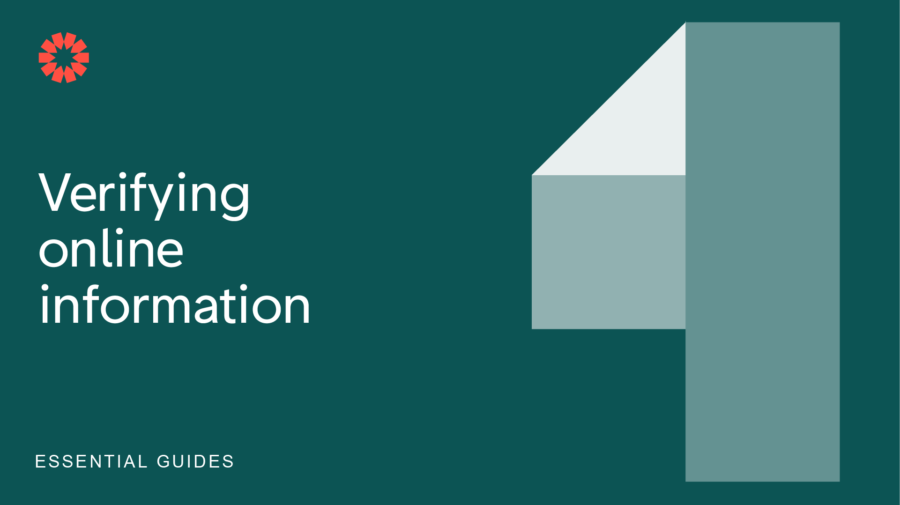 Cover of a guide titled 'Verifying online information' with a geometric abstract design on a dark teal background.