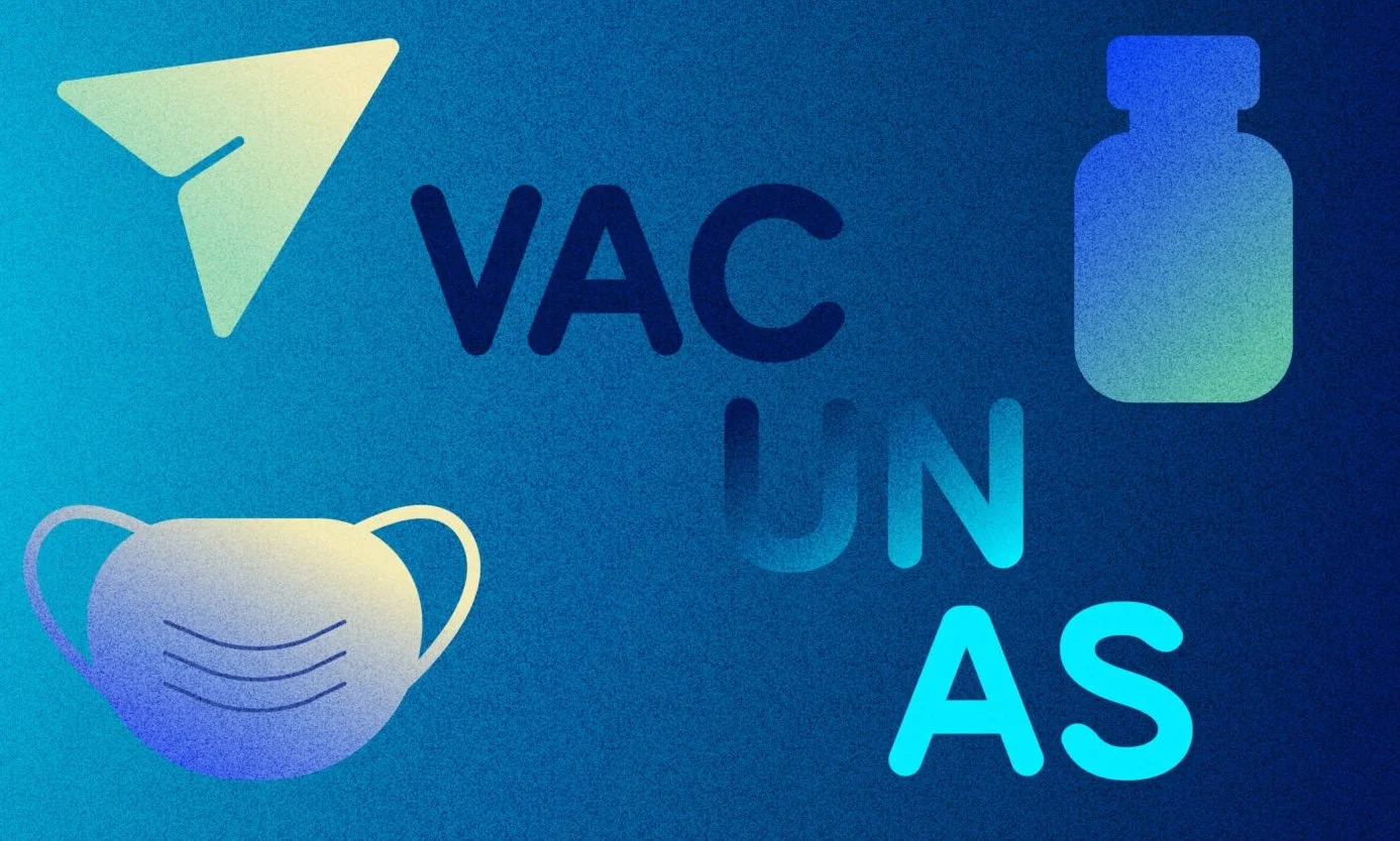 Graphic featuring a face mask, a vaccine vial, and a spray bottle with the text "VAC UN AS" on a blue background.
