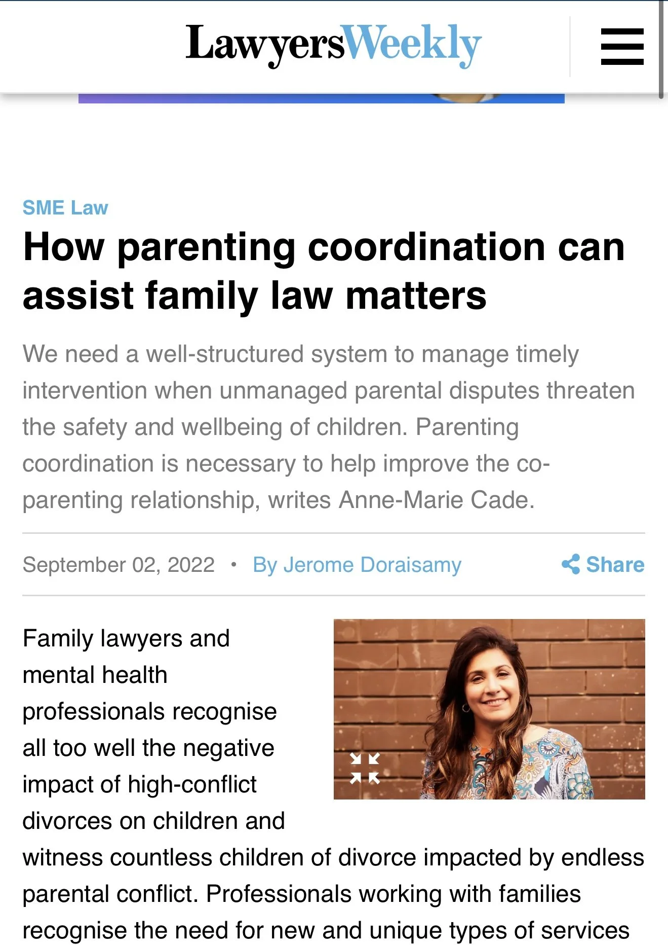 Lawyers Weekly "How parenting coordination can assist family law matters" by Jerome Doraisamy