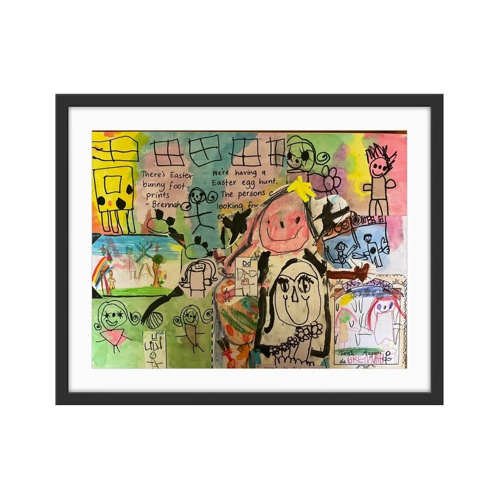 Child's colorful mixed media artwork featuring drawings of children, animals, and Easter-related symbols, with handwritten notes and doodles.