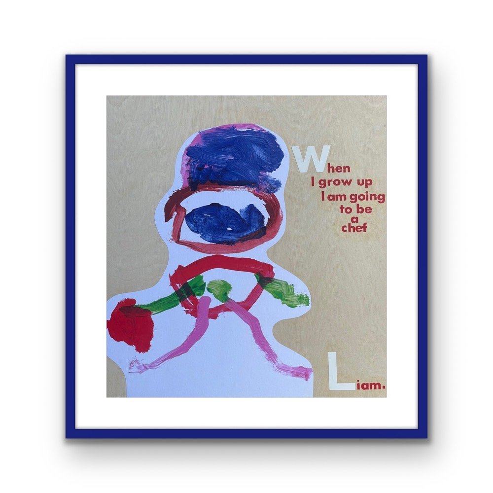 Children's artwork of a person holding a red flower, with text that reads "When I grow up I am going to be a chef" and large letters "W" at the start and "L" at the end.