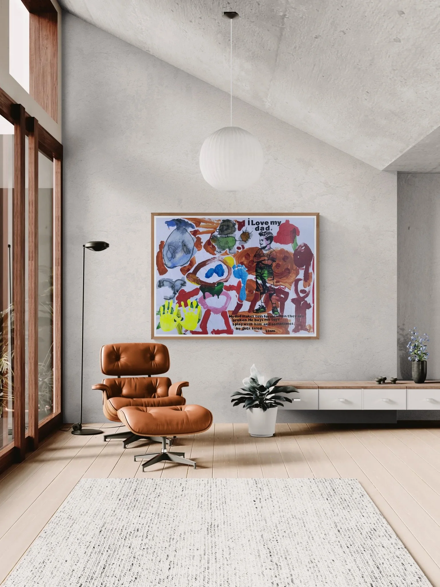 Living room with a tan lounge chair, a potted plant, a white storage cabinet, a colorful children's artwork on the wall, a floor lamp, a ceiling pendant light, and a light-colored rug.