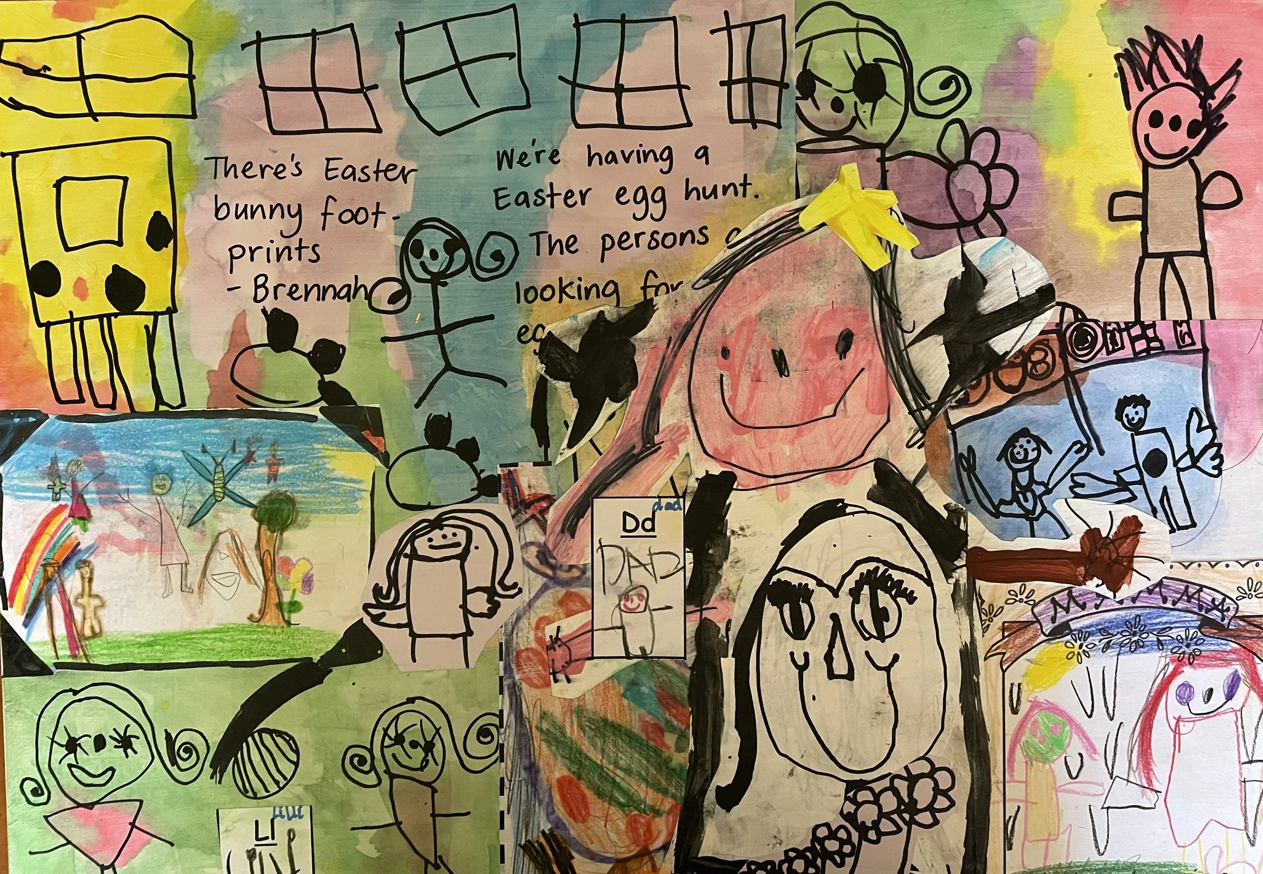 Colorful children's drawing with various sketches of people, animals, rainbows, and a large smiling face, along with handwritten text about Easter egg hunts and bunny footprints.