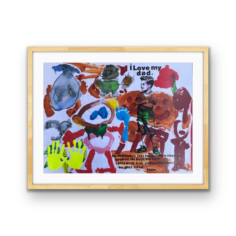 Children's drawing with colorful paint splashes, a black-and-white cutout of a boy playing guitar, and text that says "I love my dad" and a poem about a father making toys for his children.