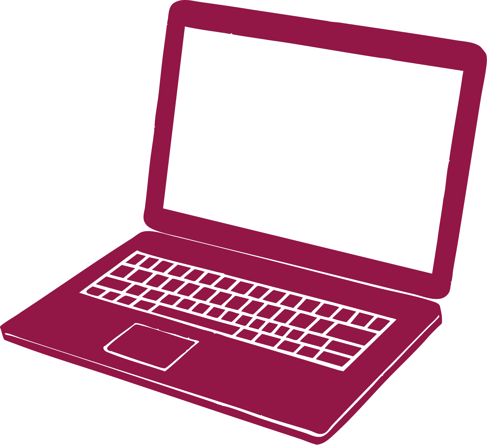 A digital illustration of a pink laptop with a black screen and a keyboard.
