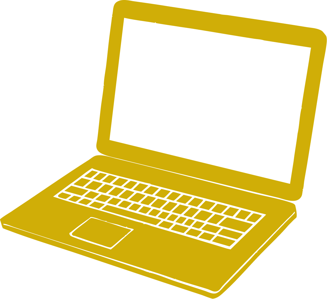 A digital illustration of a gold-colored laptop computer with a black screen, keyboard, and trackpad.