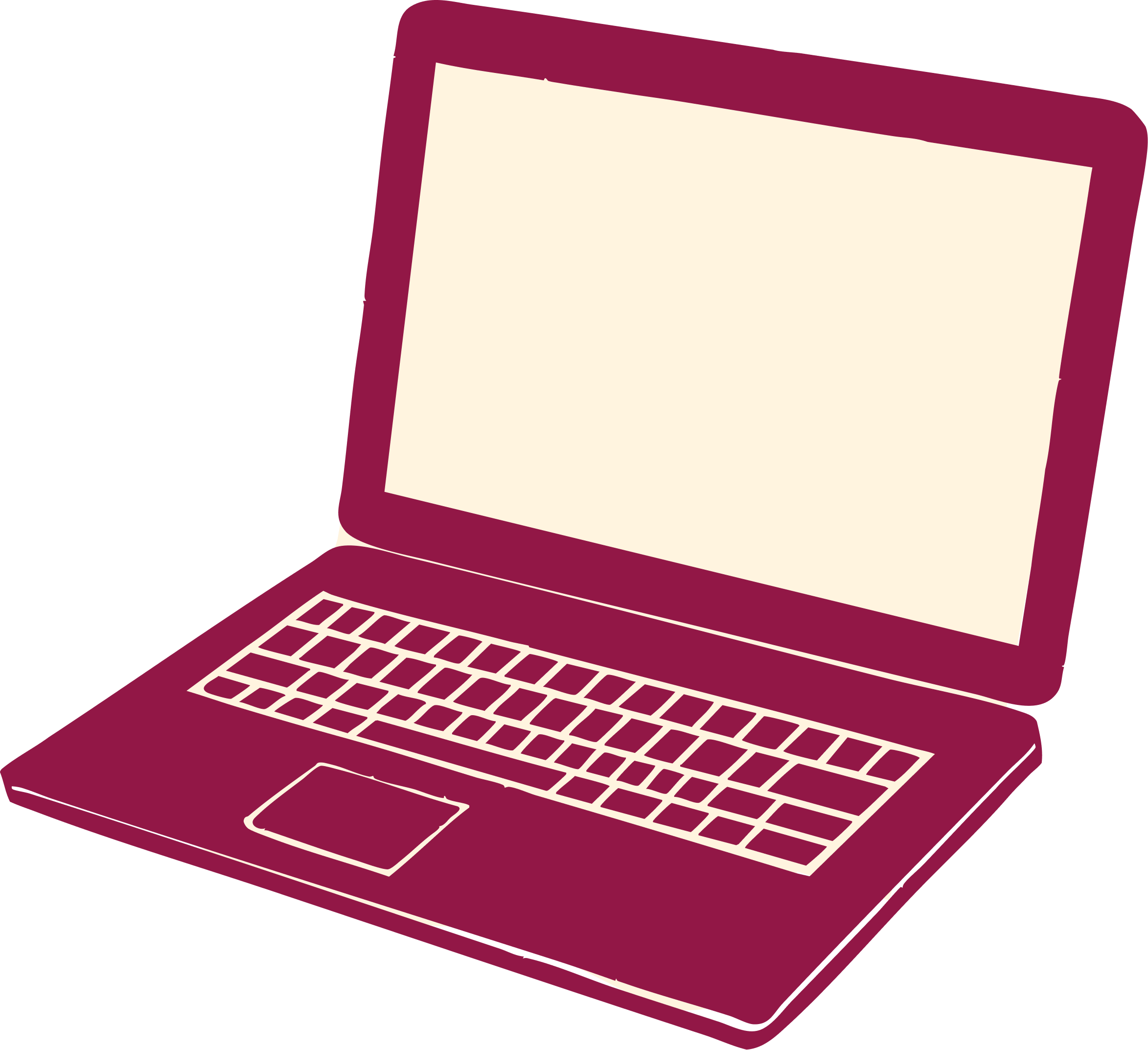 Illustration of a burgundy laptop with a blank screen and white keyboard, viewed from a three-quarter angle.