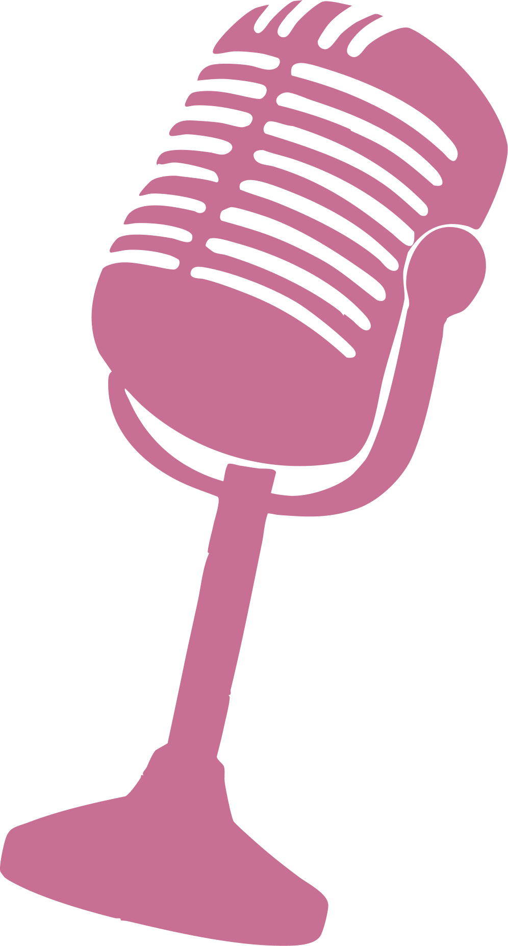 A stylized illustration of a vintage pink microphone on a stand.