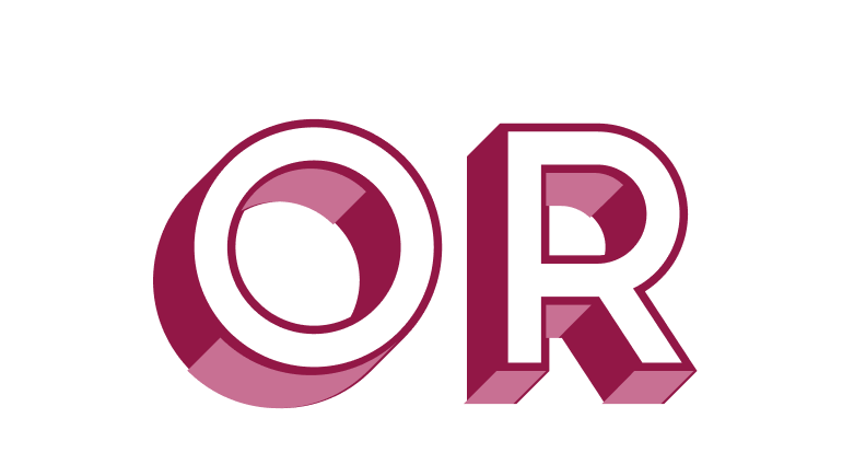 Stylized text spelling out the word 'OR' in purple and black 3D letters on a black background.