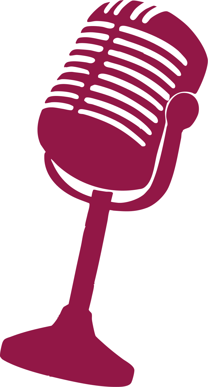 Illustration of a vintage-style microphone in dark red, viewed from a slight angle.