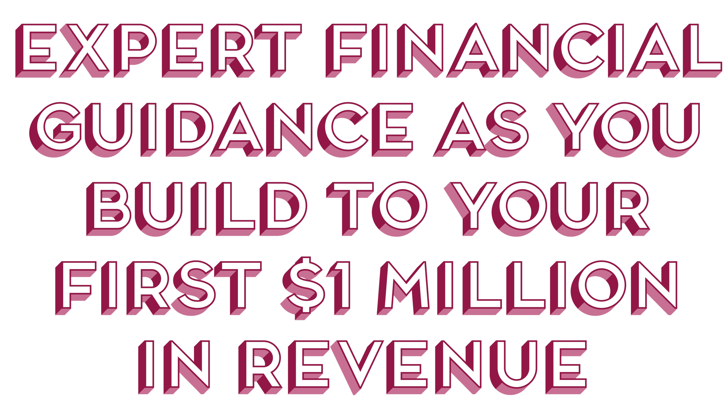 Bold pink 3D text on black background stating make expert financial guidance to build your first million dollars in revenue.