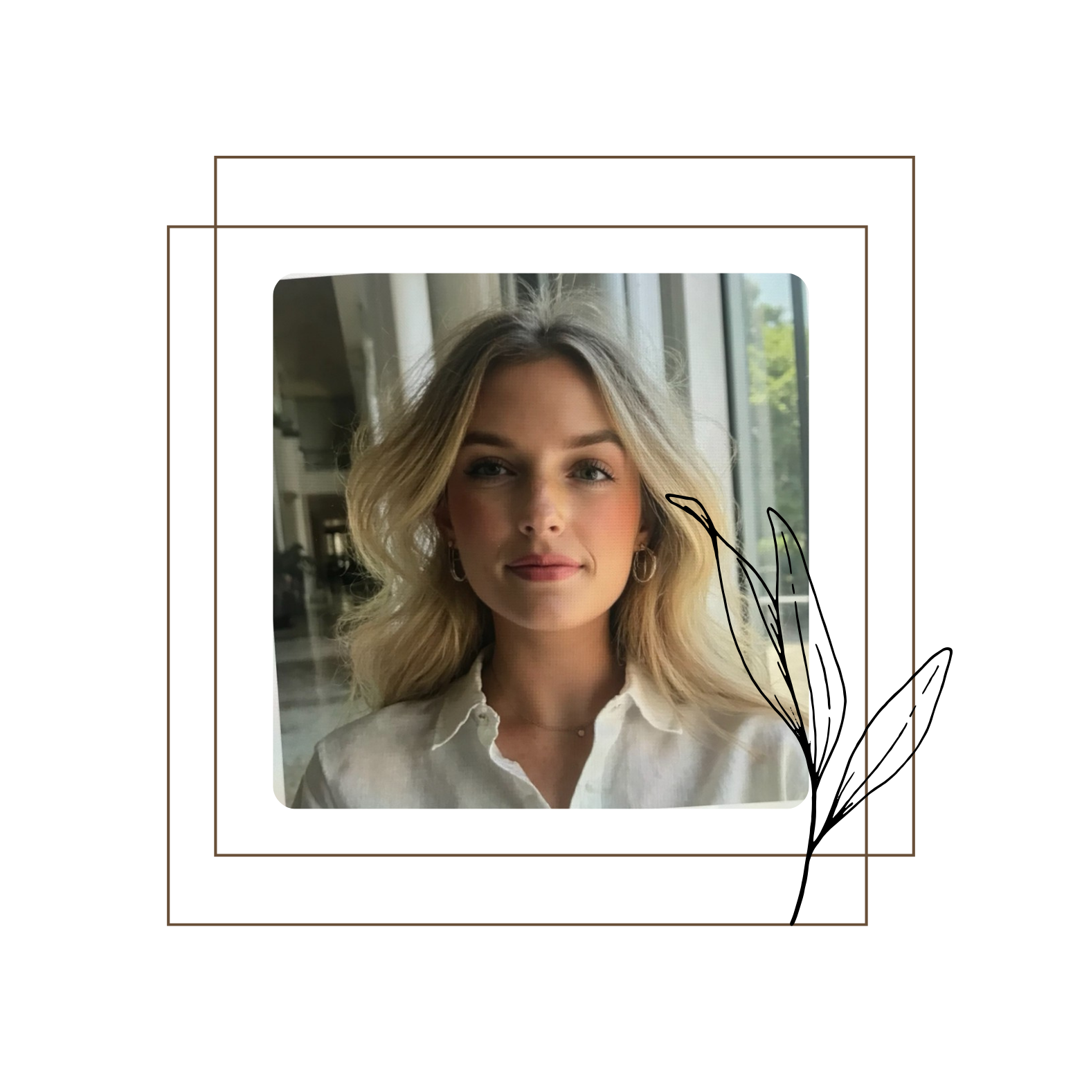 A young woman with blonde hair in loose waves, wearing a white shirt, sitting near a window with greenery outside, looking at the camera.