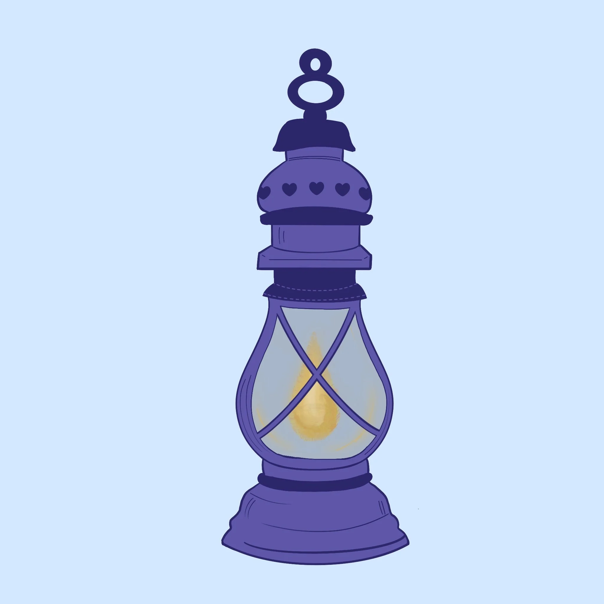 A digital illustration of an old-fashioned lantern with a glowing light inside, painted in shades of purple and blue.