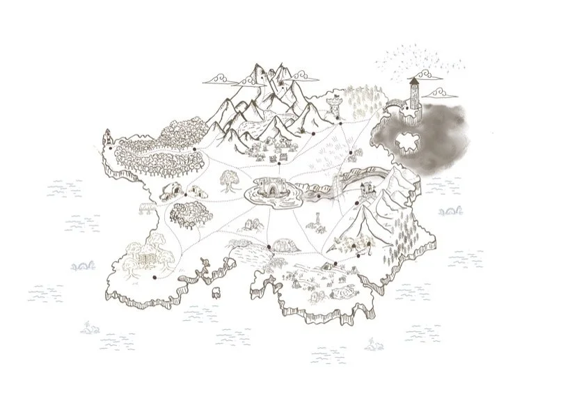 A detailed illustrated map of a fantasy land with mountains, forests, castles, lakes, and roads connecting various locations.