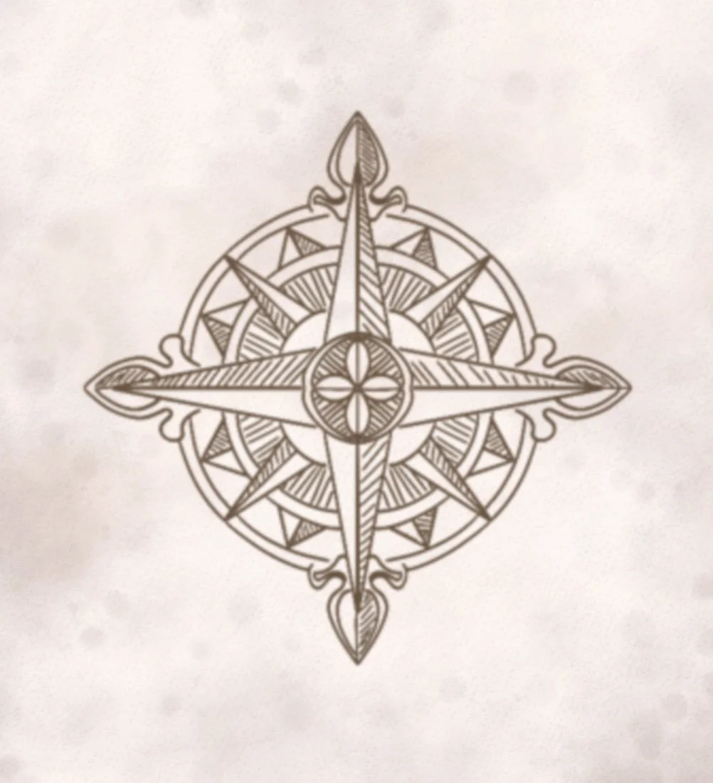 A black-and-white line drawing of a detailed compass rose with ornate design elements.