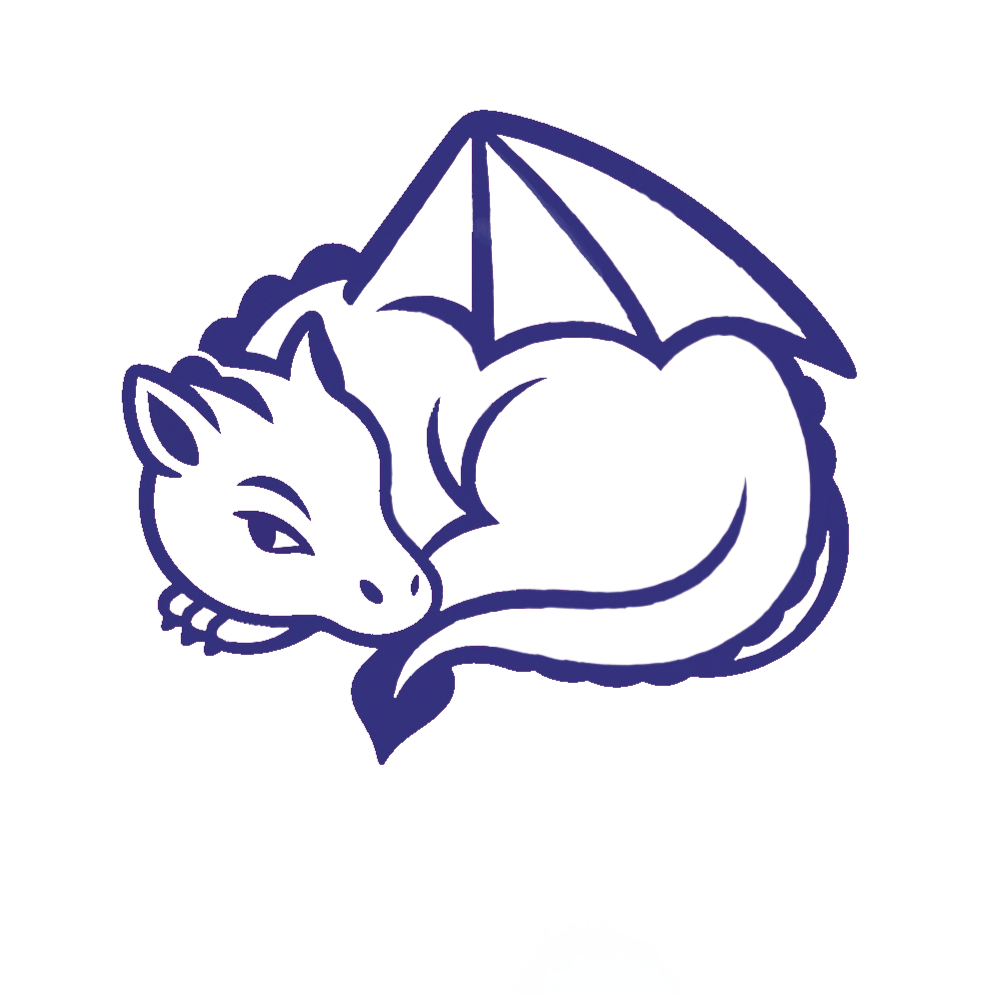 A line drawing of a cat curled up under an umbrella, with a blue puddle beneath it.