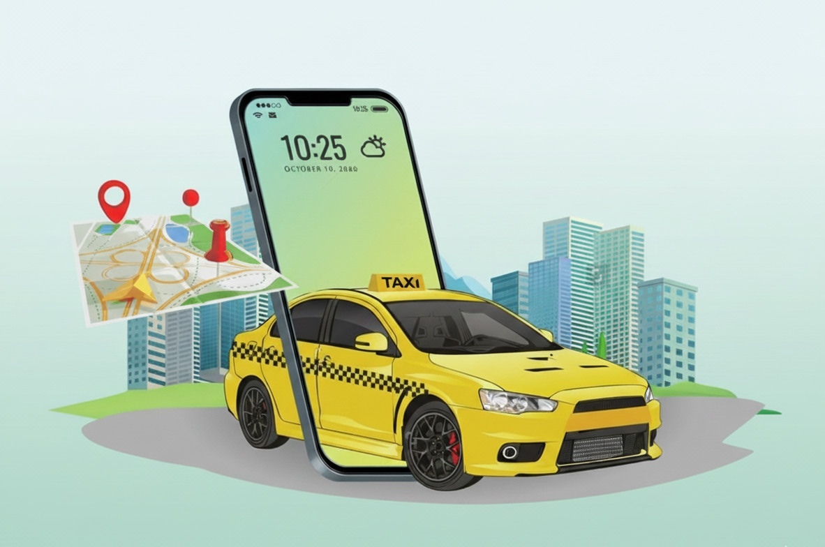 Illustration of a yellow taxi, a smartphone, a cityscape, and a map with a pin and red dot, symbolizing navigation or ride-hailing service.