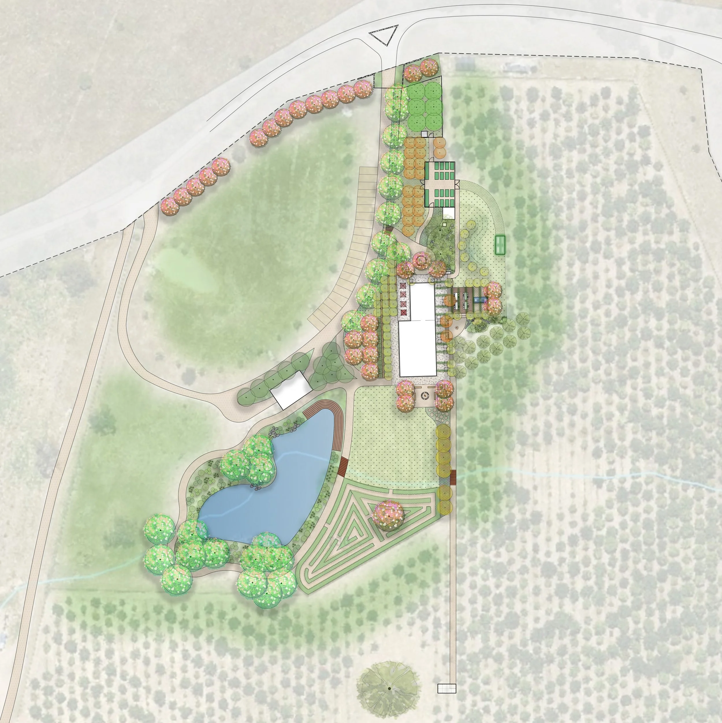 A detailed landscape design plan featuring a house, pond, walking paths, garden beds, trees, and other outdoor features.