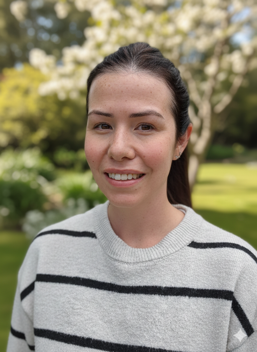 A young woman with dark hair tied back, wearing a light gray sweater with black stripes, standing outdoors in a garden with blooming trees and greenery.