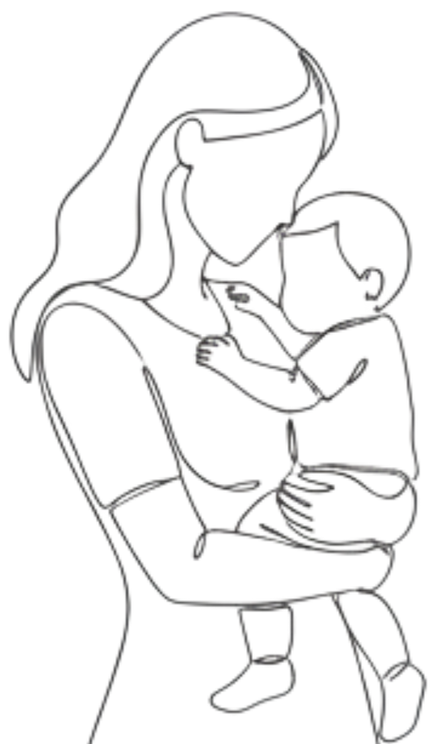 A line drawing of a woman holding a baby, with the woman wearing a hoodie.