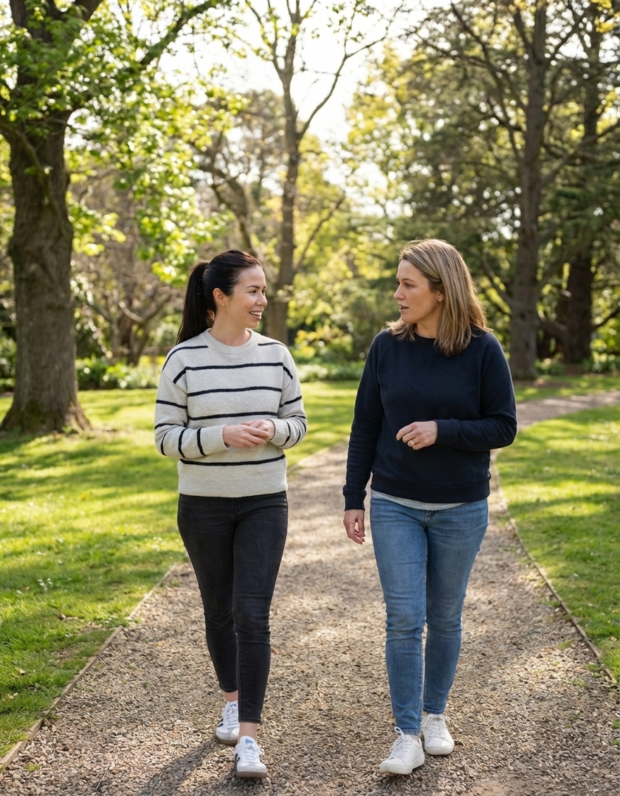 Two women walking and talking on a park path with trees and sunlight in the background.
