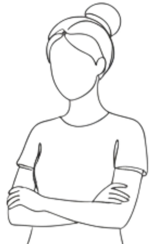 Line drawing of person with arms crossed, wearing glasses and a t-shirt.