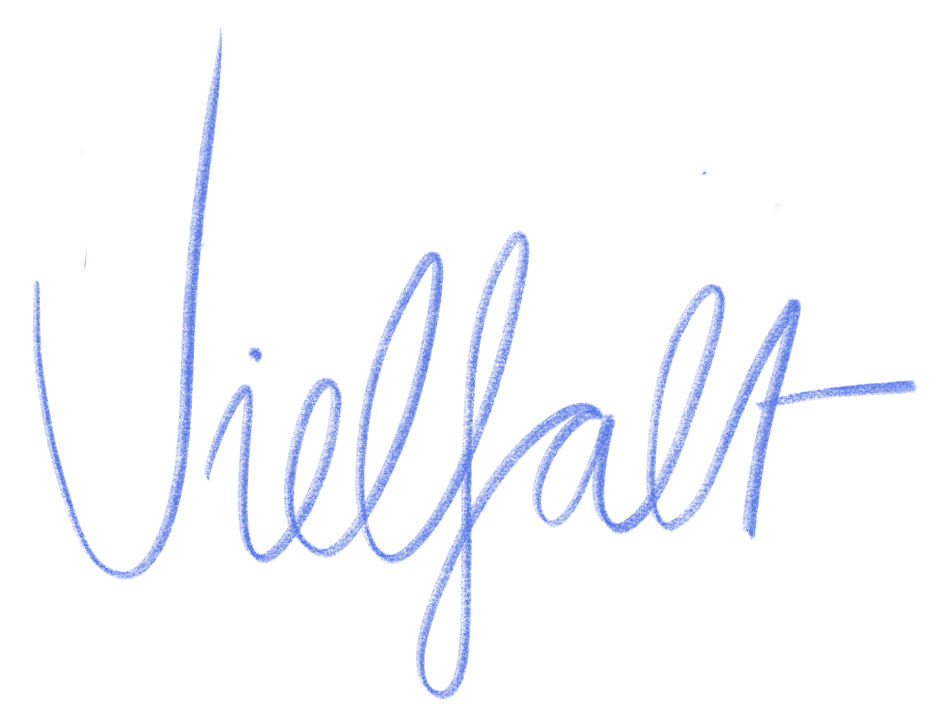Das Bild zeigt das Wort 'Vielfalt' in einer stilisierten blauen Handschrift auf schwarzem Hintergrund.