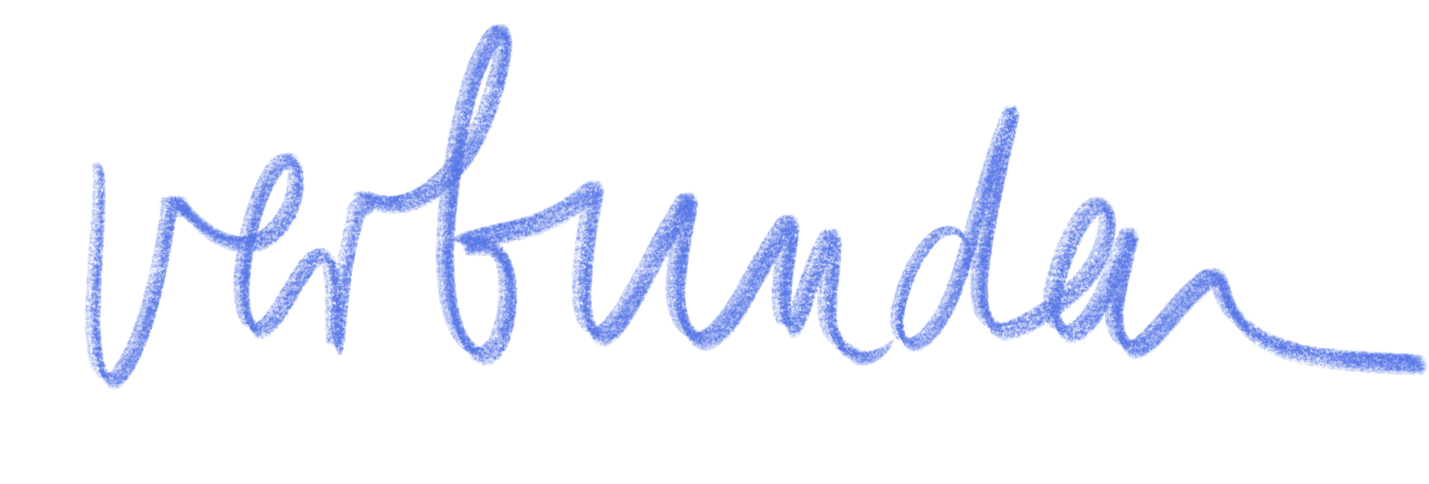Der Schriftzug 'Verbunden' in blauer Handschrift auf transparentem Hintergrund.