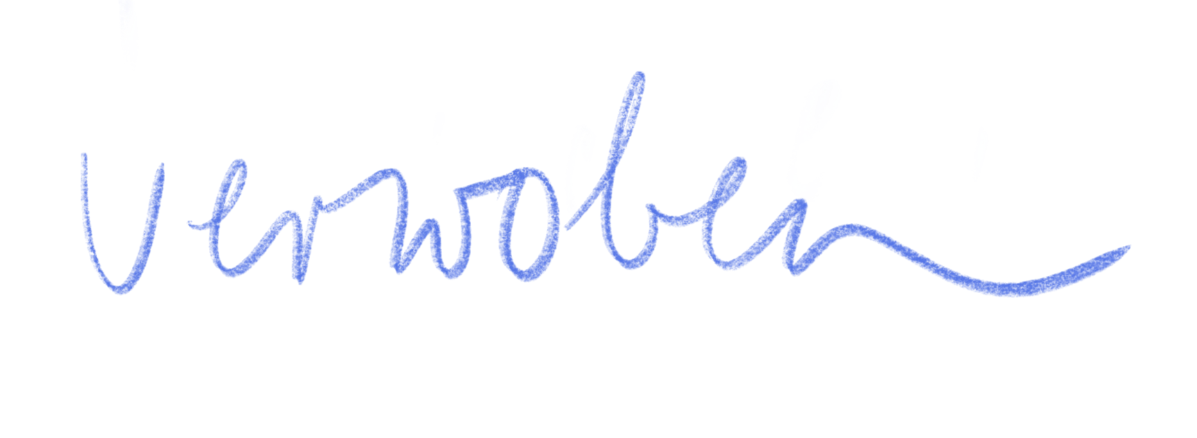 Handgeschrieben in blauer Farbe, das das Wort 'verwoben' darstellt.