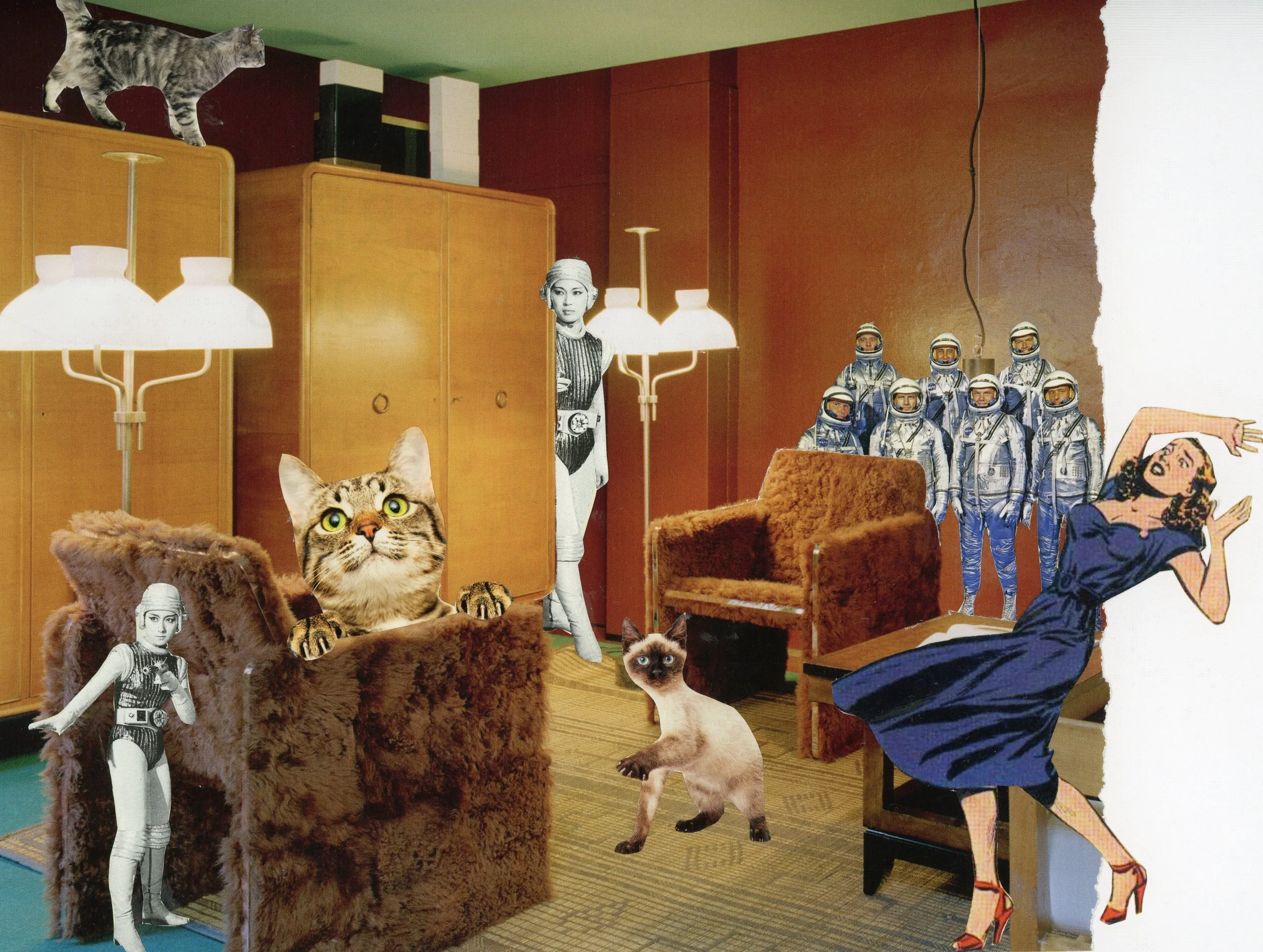 A room with vintage furniture and cutout images of cats, women, and astronauts placed throughout, creating a collage-like scene.