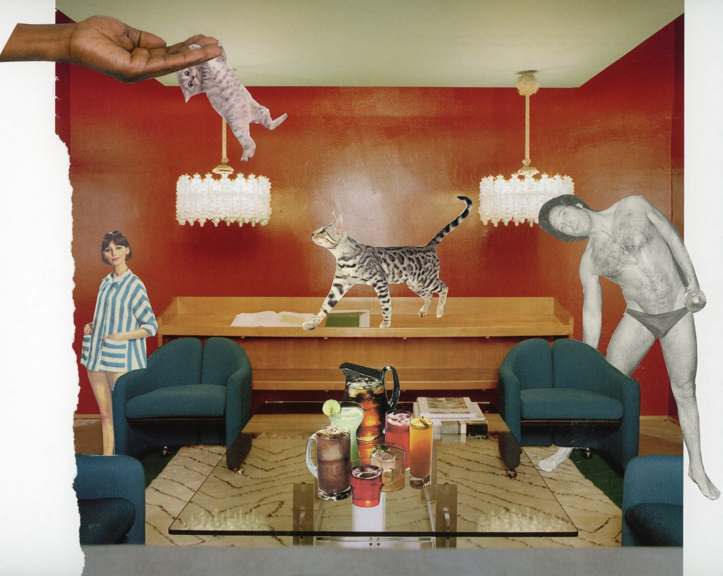 A collage-style image showing a woman in a striped shirt, two cats (one hanging from a hand, the other standing on a table), a vintage black and white woman statue, two hanging light fixtures, a table with drinks, and a red background with wooden fur