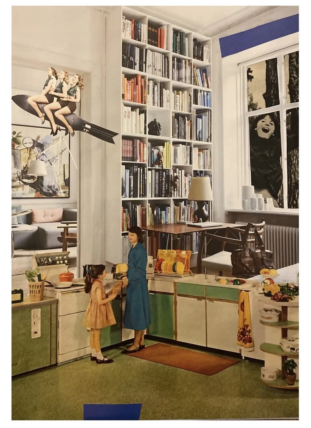 Interior of a room with a large bookshelf, a window with a woman's face visible outside, people in the kitchen, and artwork including a collage of three girls on a rocket.
