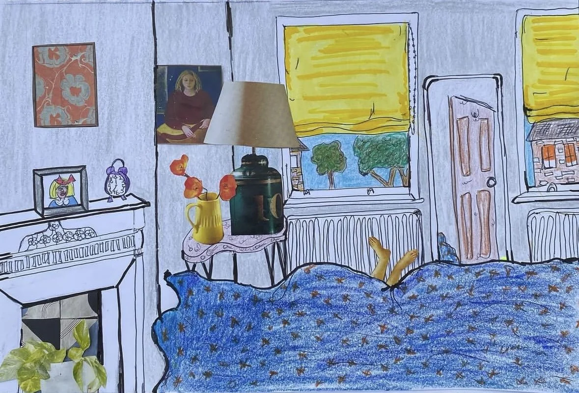A hand-drawn illustration of a cozy living room with a person lying in bed, with their feet sticking out, covered by a blue blanket with a floral pattern. The room contains a window with yellow curtains, a door, a radiator, and various decorations in