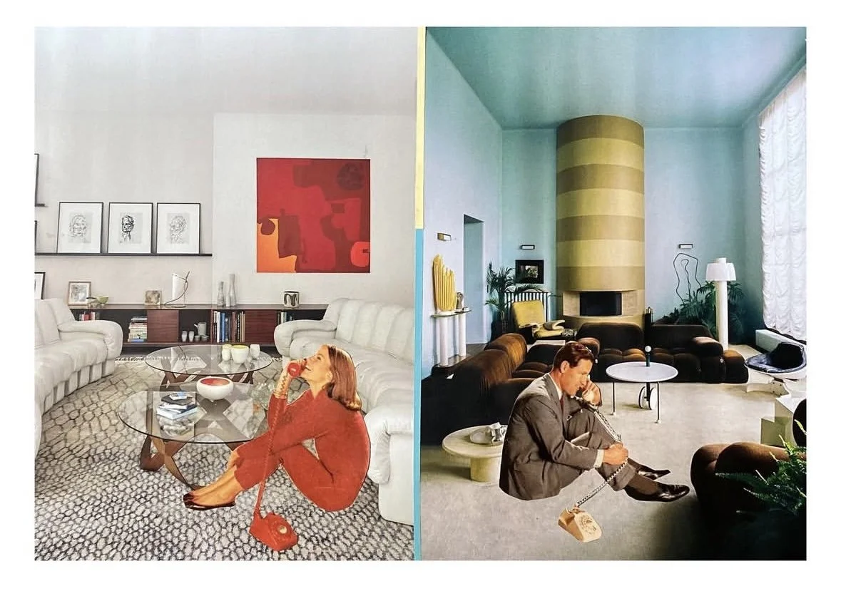 Split image of two living rooms. Left side features a woman sitting on a white couch in a modern, minimalist room with art on the wall, a round glass coffee table, and a patterned carpet. Right side shows a man sitting on the carpeted floor of a retr