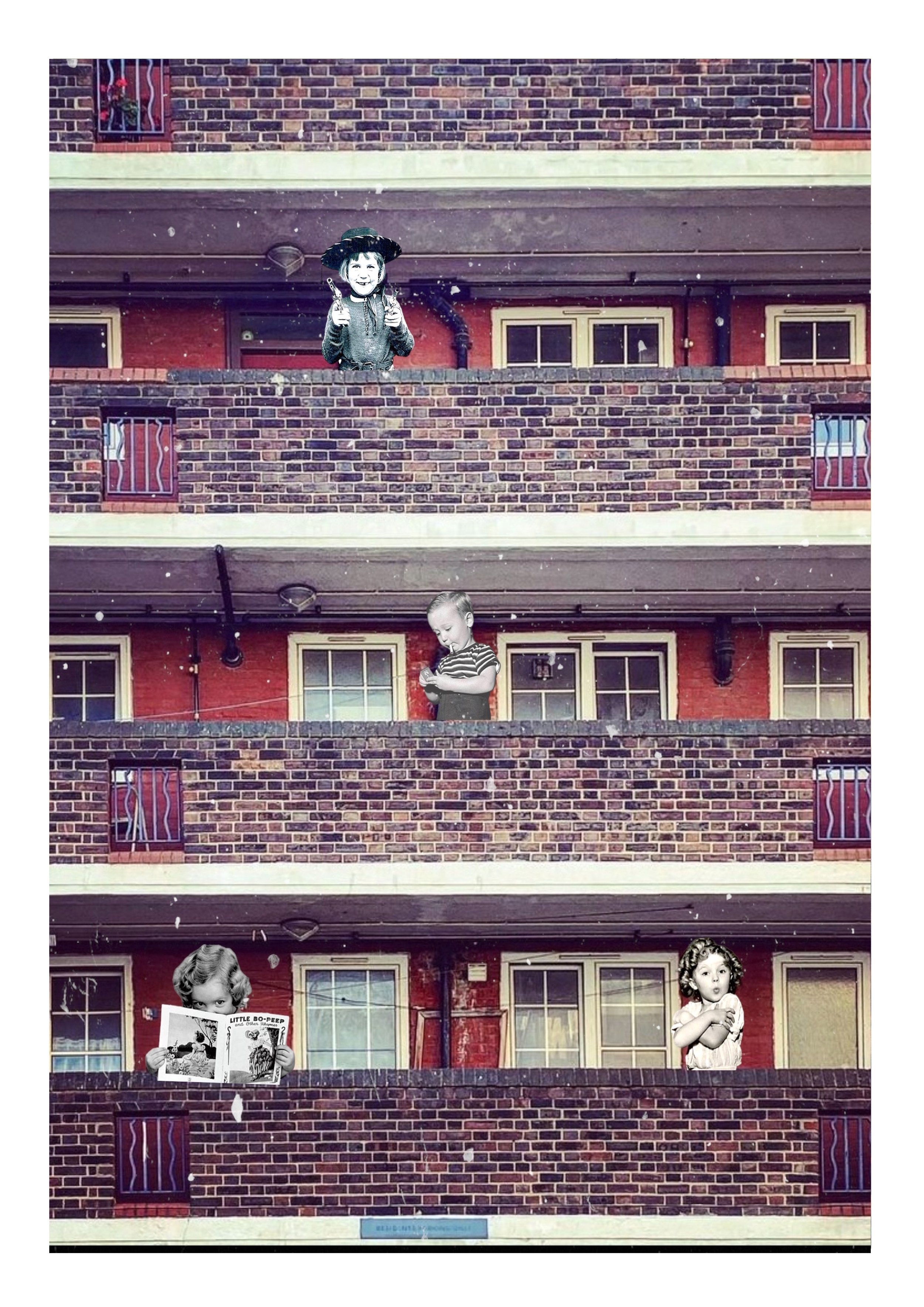 Composite image of a building with multiple windows and balconies, featuring black-and-white photos of children in various poses on the balconies.