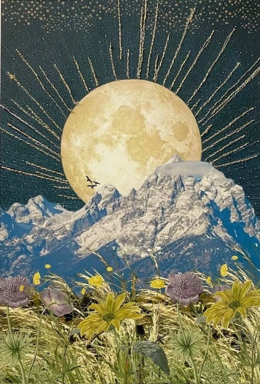 A large full moon rises behind snow-capped mountain peaks, with a starry sky and shooting stars, and a field of yellow and purple flowers in the foreground.