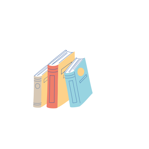 Illustration of a book with a picture of the moon on the cover, surrounded by other books on a shelf.