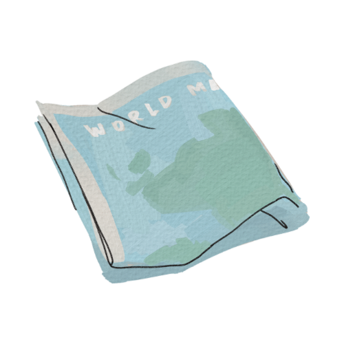 A folded map titled 'World Map' with a simplified world outline on it.