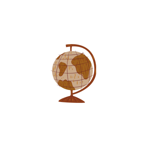 A cartoon-style globe on a stand showing continents in shades of brown on a white background.