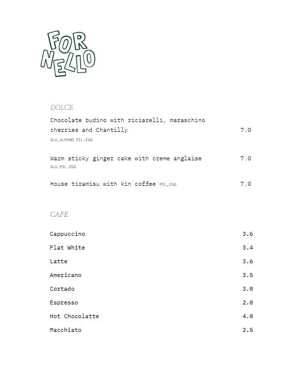 Cafe menu with sections for Dolce and Cafe, listing various coffee drinks and desserts with prices.