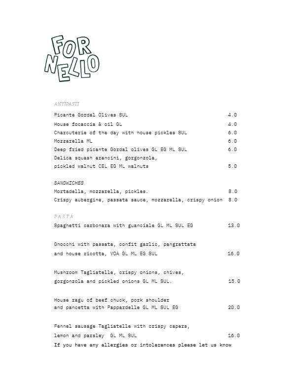 Menu titled 'For Wello' with sections for Antipasti, Sandwiches, and Pasta, listing various Italian dishes and prices.