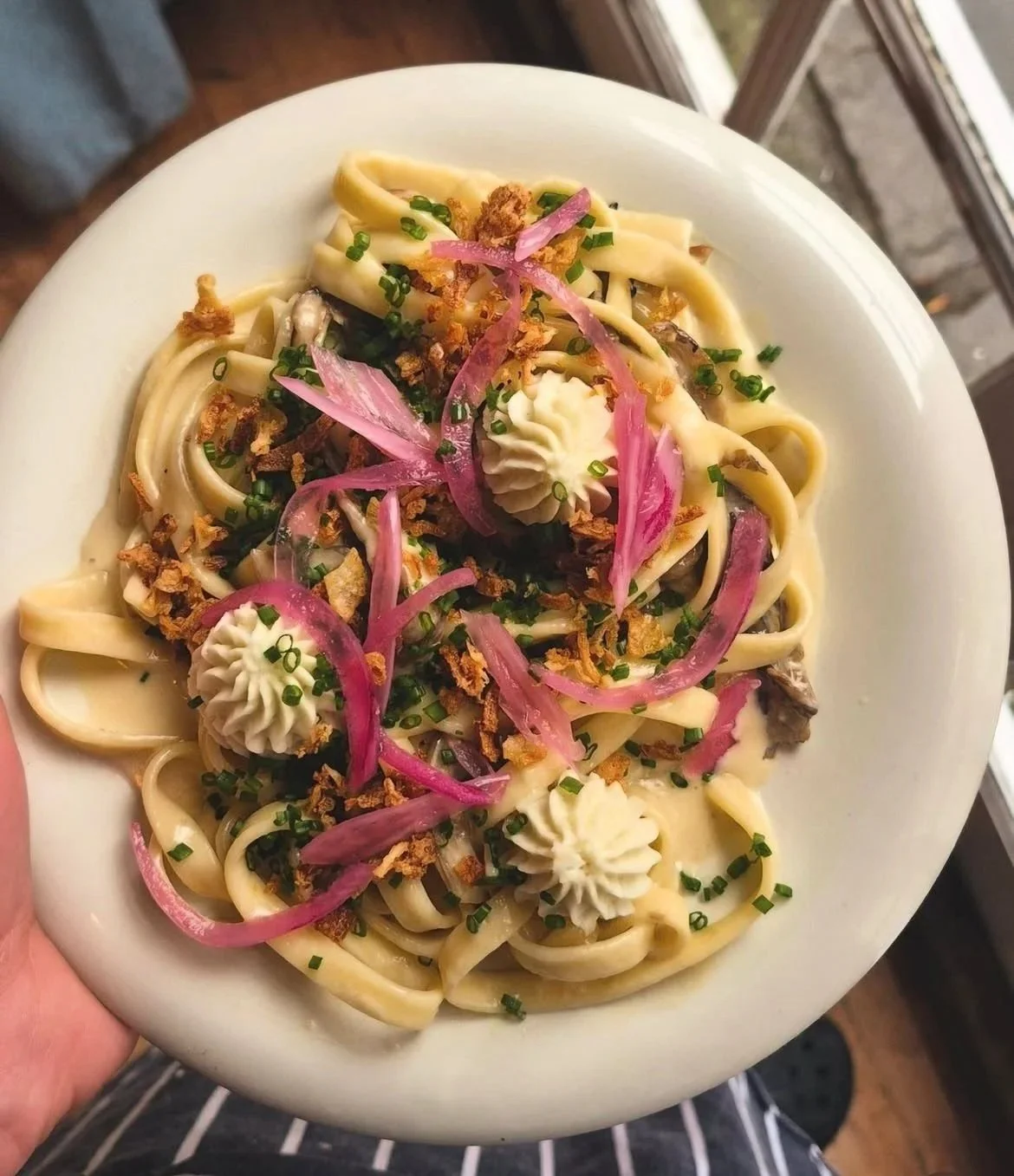 A plate of fettuccine pasta topped with chopped chives, fried onions, pickled red onions, dollops of white sauce, and grated cheese.