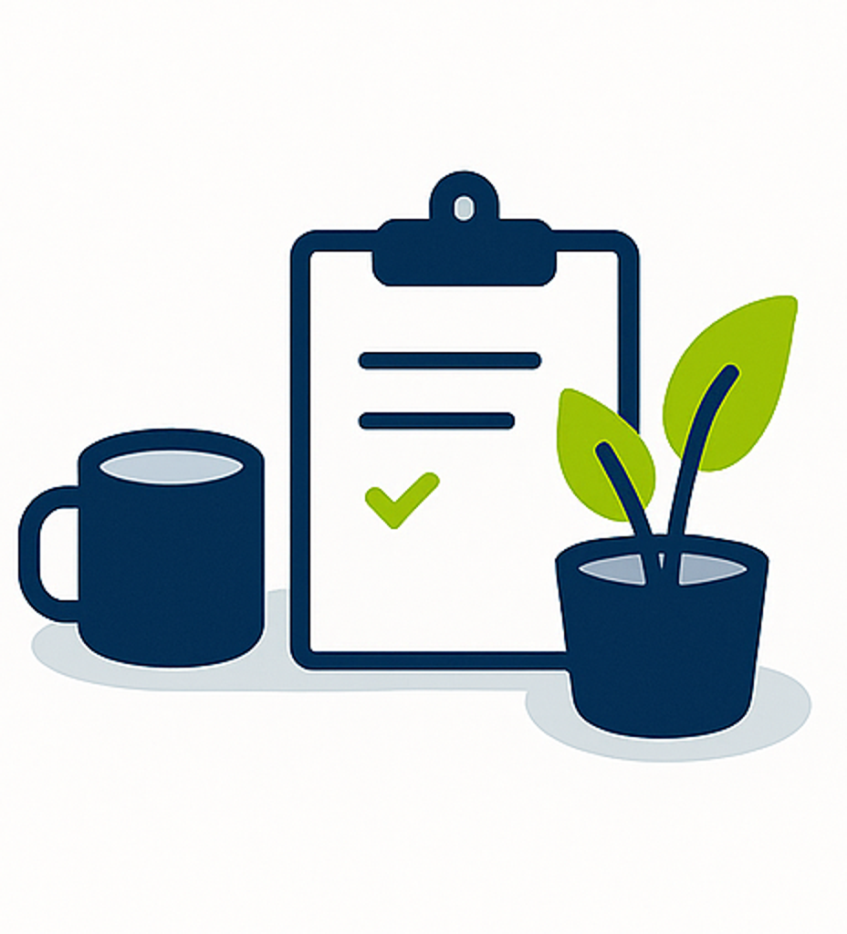 Illustration of a clipboard with a checklist, a coffee mug, and a potted plant with two green leaves.
