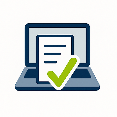 Laptop with a sheet of paper and a green checkmark