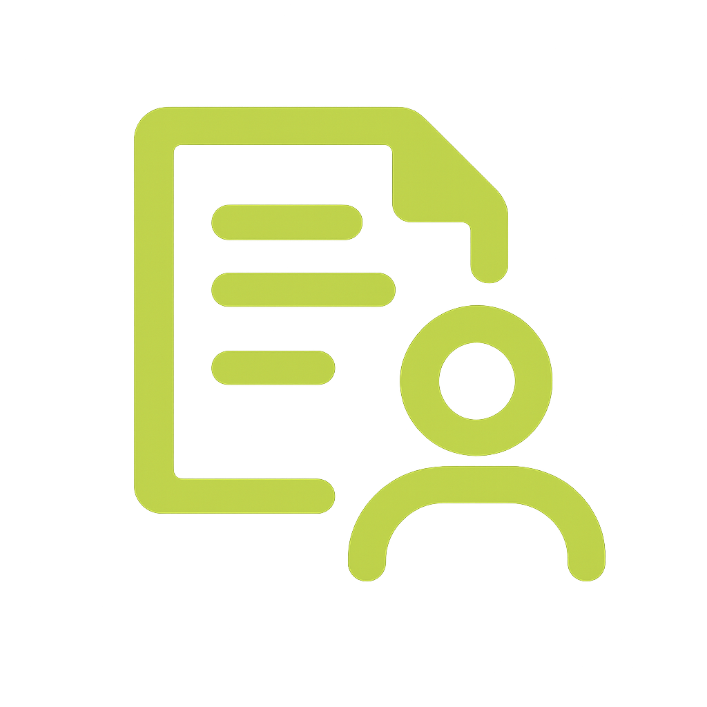 Icon of a document and a person, representing user profile or account